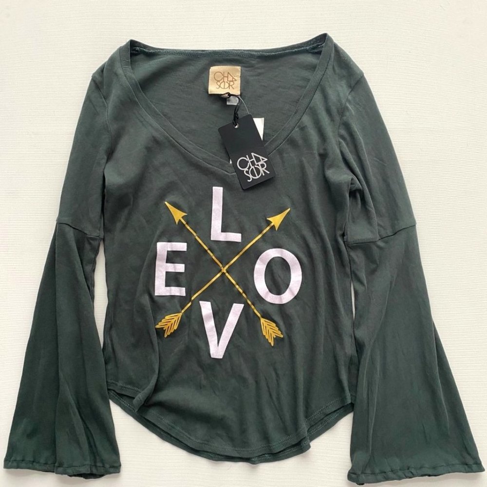 Chaser Love Arrows Bell Sleeve V-Neck Top Green